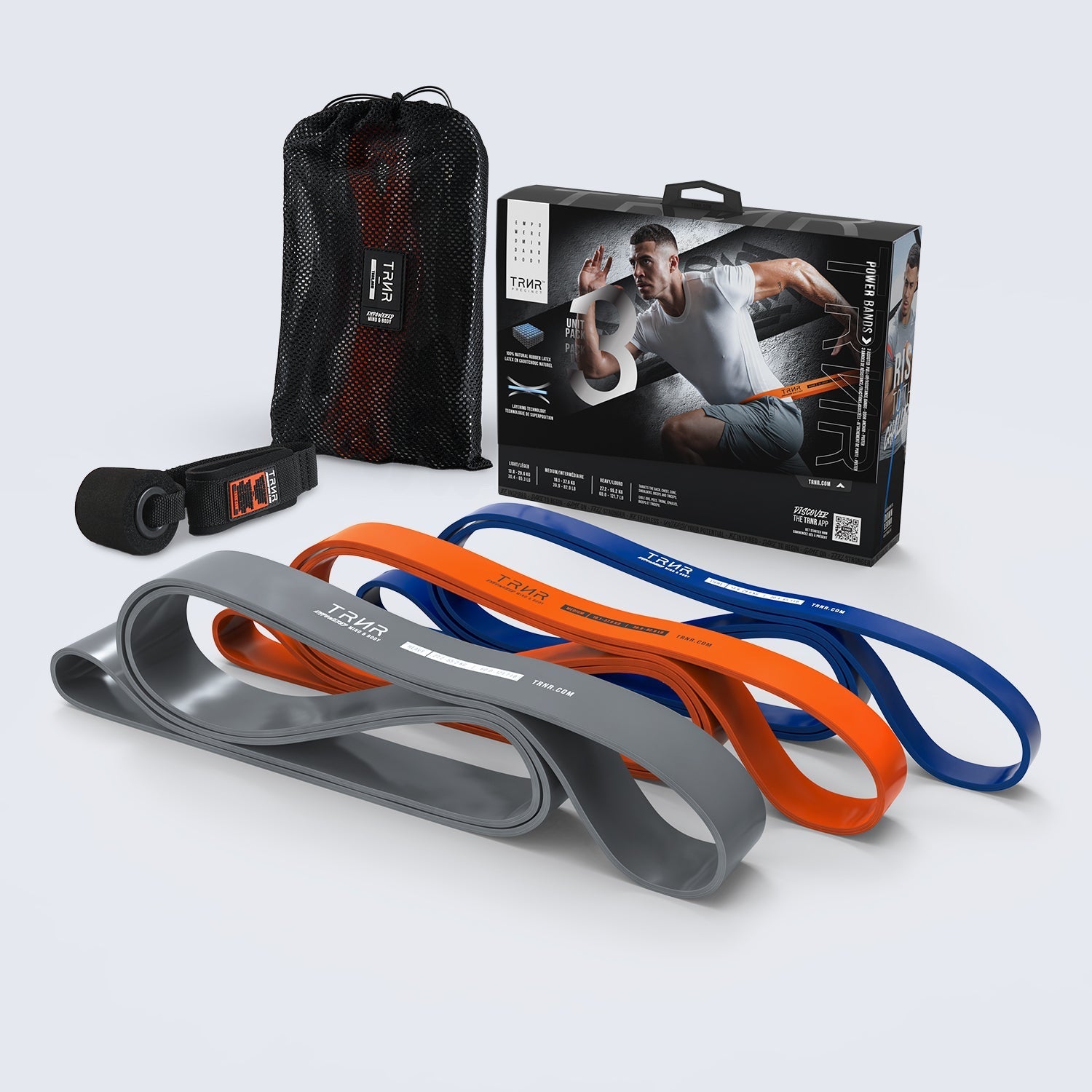 TRNR Pull-Up Bands in Light, Medium & Heavy Resistance + Door Anchor & Packaging