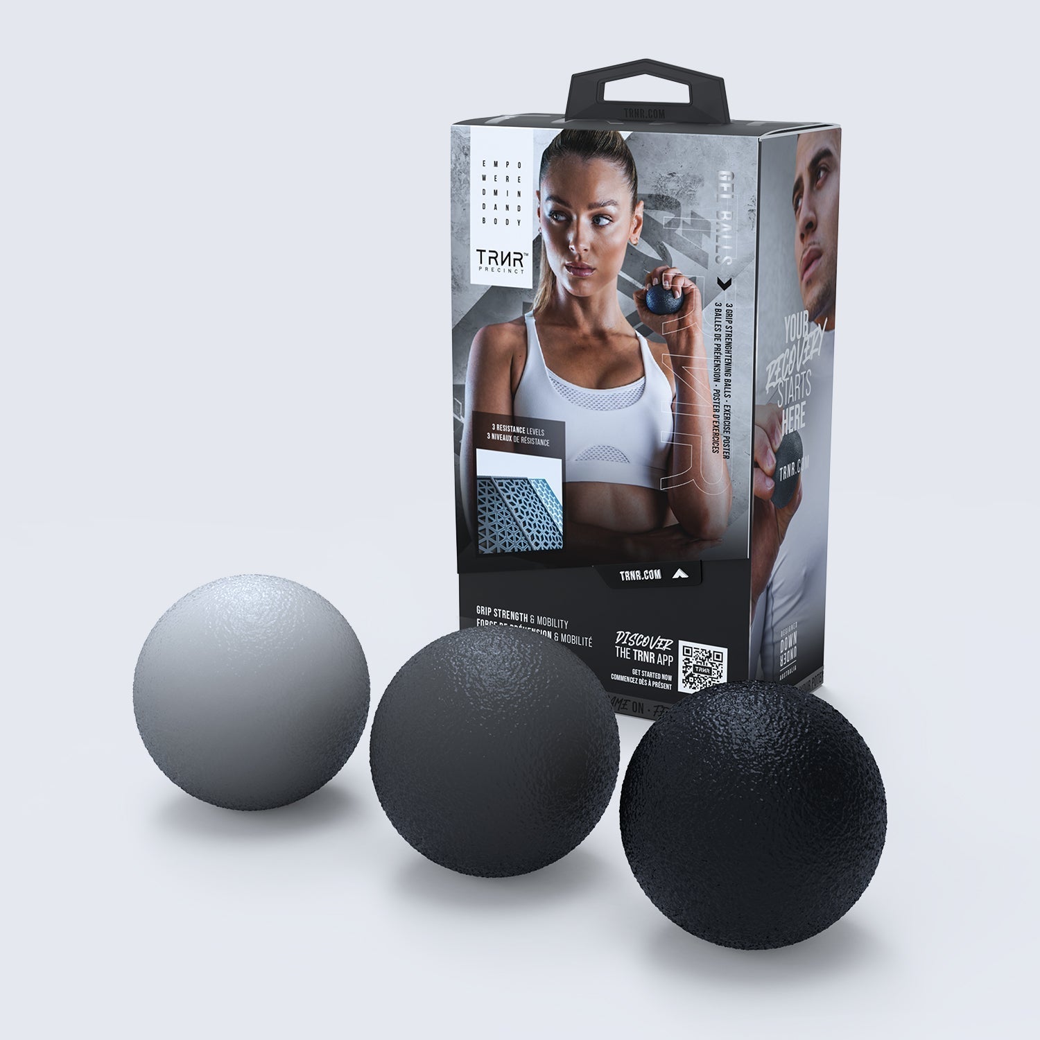 TRNR Gel Balls &amp; Packaging | 3 Grip Strengthening Balls with Exercise Poster